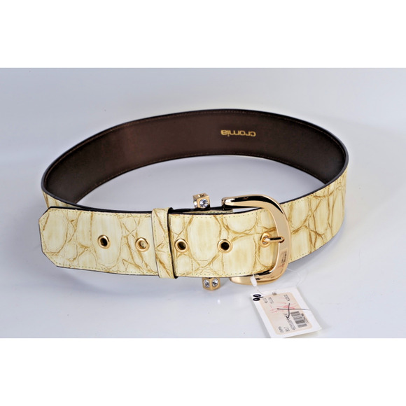 Wide Croc Embossed Leather Belt Size 46 Cream Gold Crystal Buckle main image 8